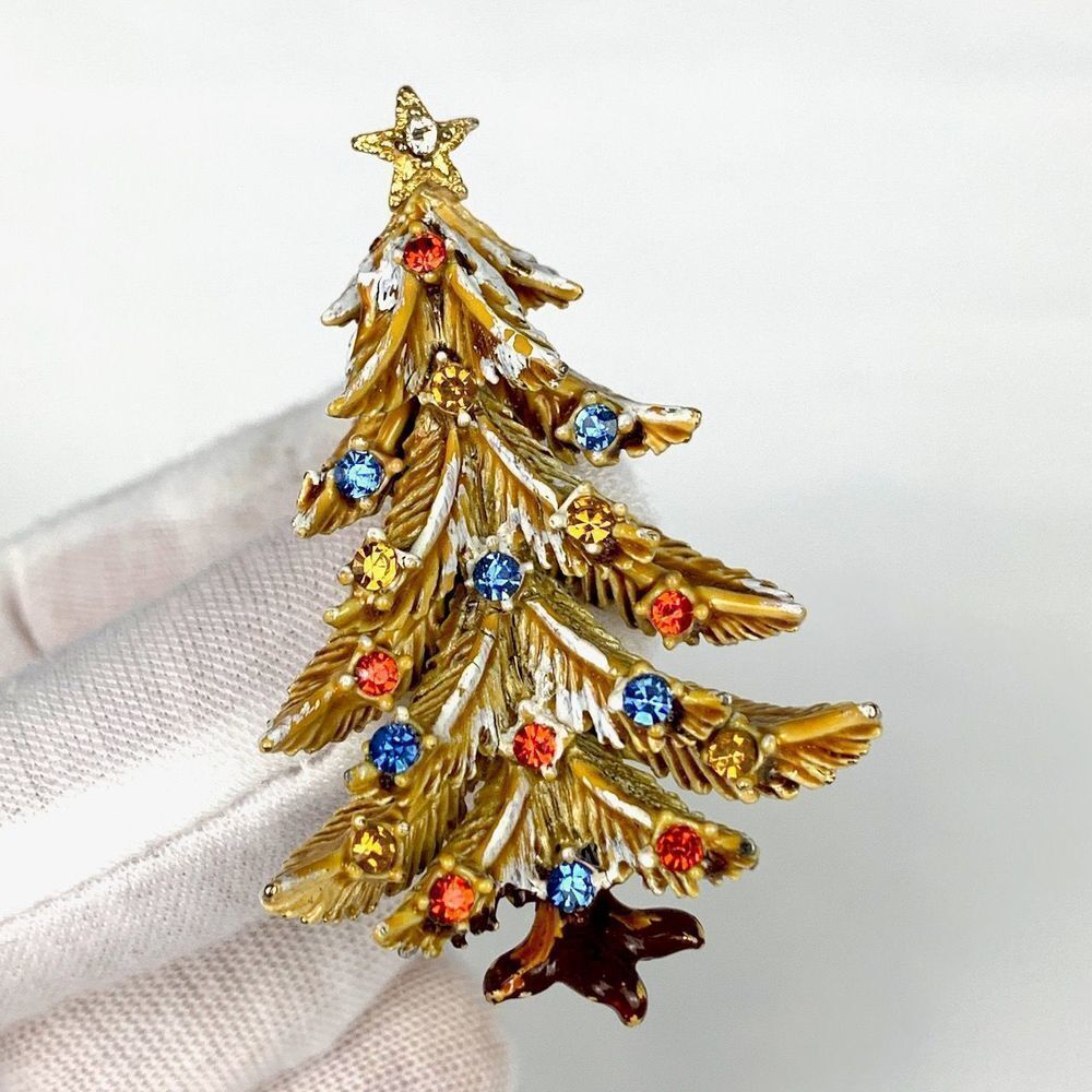 ART GILT Vintage Gold Christmas Tree Brooch Pin Enamel Rhinestones Star - Picture 3 of 8